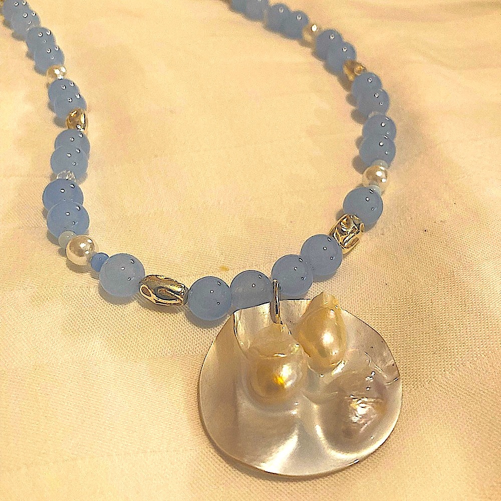 Soft blue and Pearl Necklace & Earringd